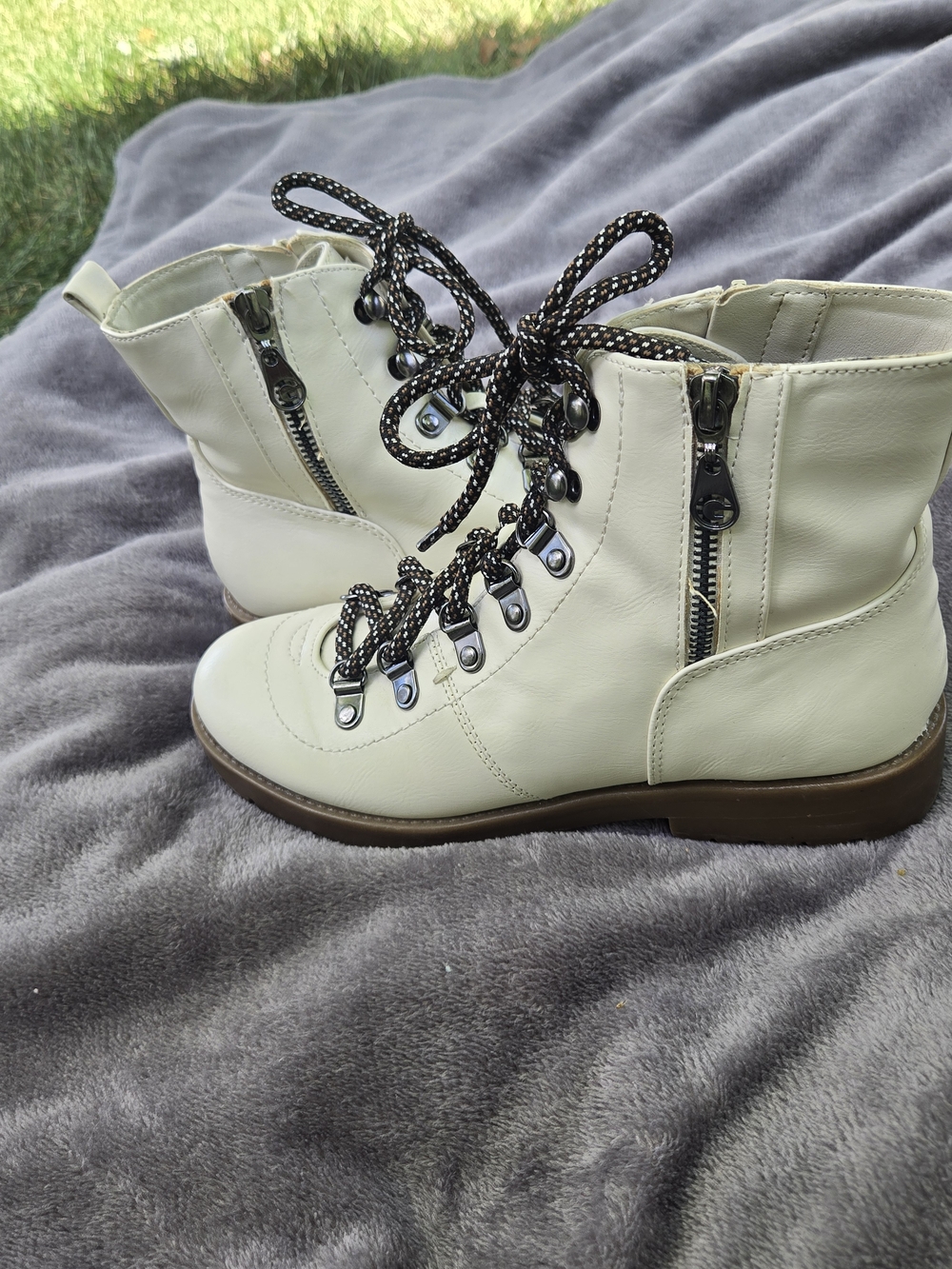 G by Guess Cream Lace-Up Combat Boots with Side Zipper